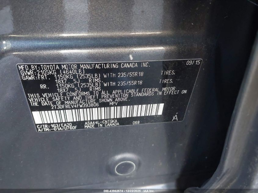 2015 Toyota Rav4 Limited VIN: 2T3DFREV4FW393806 Lot: 43982574