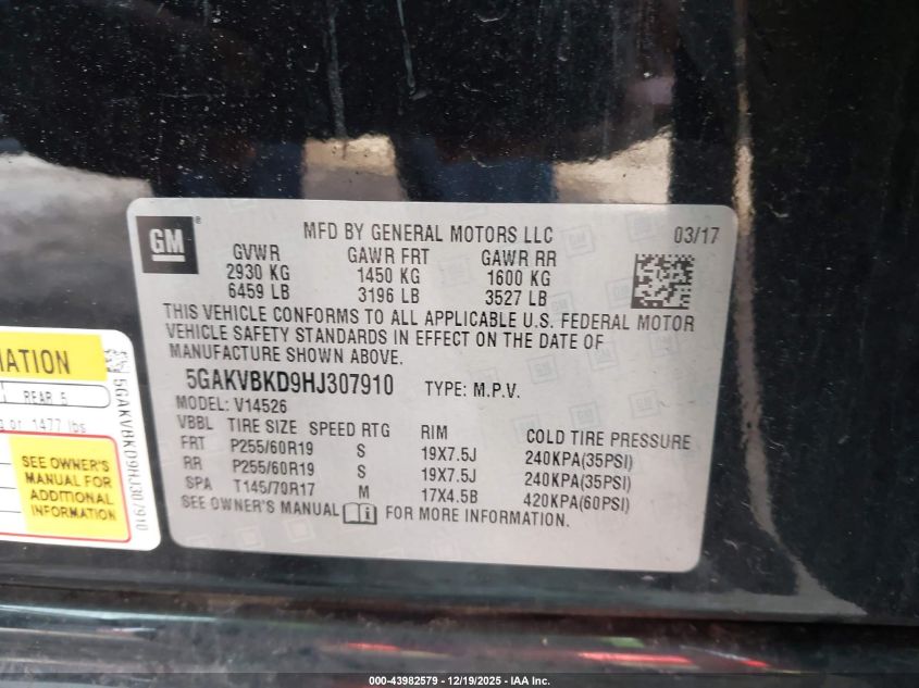 2017 Buick Enclave Leather VIN: 5GAKVBKD9HJ307910 Lot: 43982579