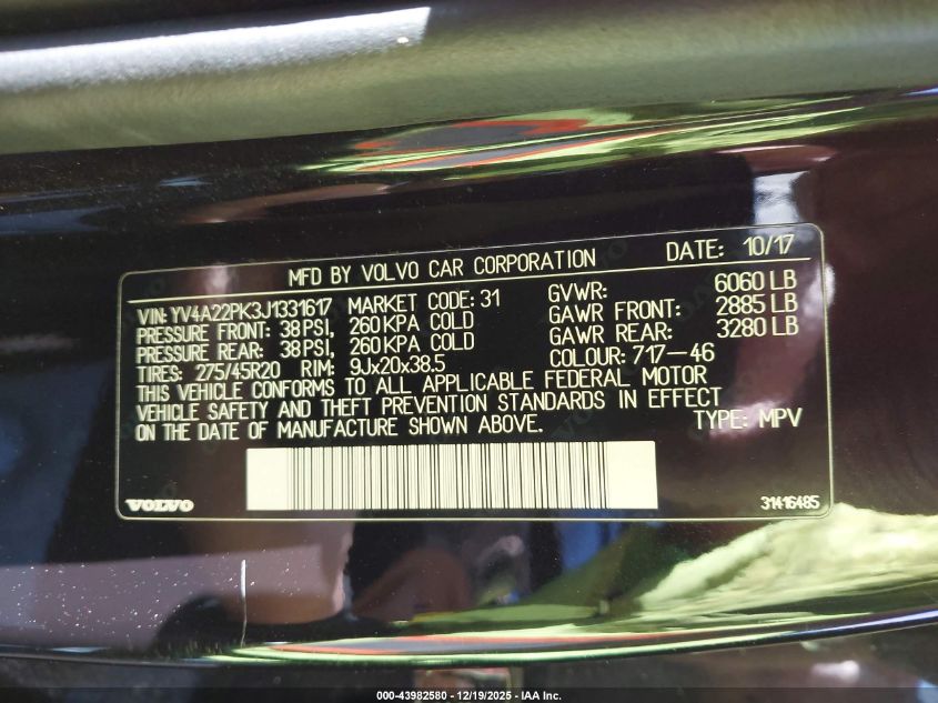 2018 Volvo Xc90 T6 Momentum VIN: YV4A22PK3J1331617 Lot: 43982580