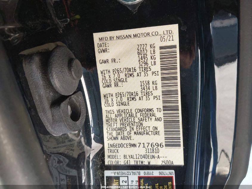 2021 Nissan Frontier King Cab S 4X2 VIN: 1N6ED0CE9MN717696 Lot: 43982584