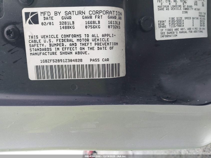 2001 Saturn Sl VIN: 1G8ZF52891Z304828 Lot: 43982588