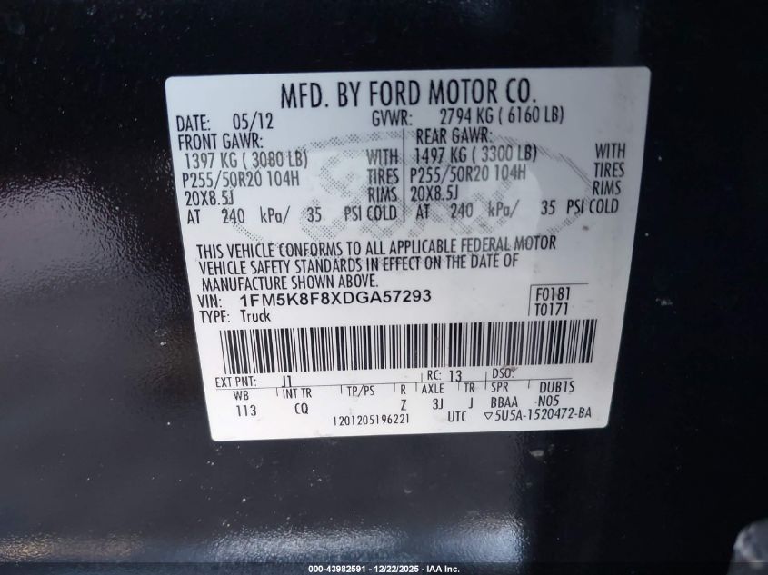 2013 Ford Explorer Limited VIN: 1FM5K8F8XDGA57293 Lot: 43982591