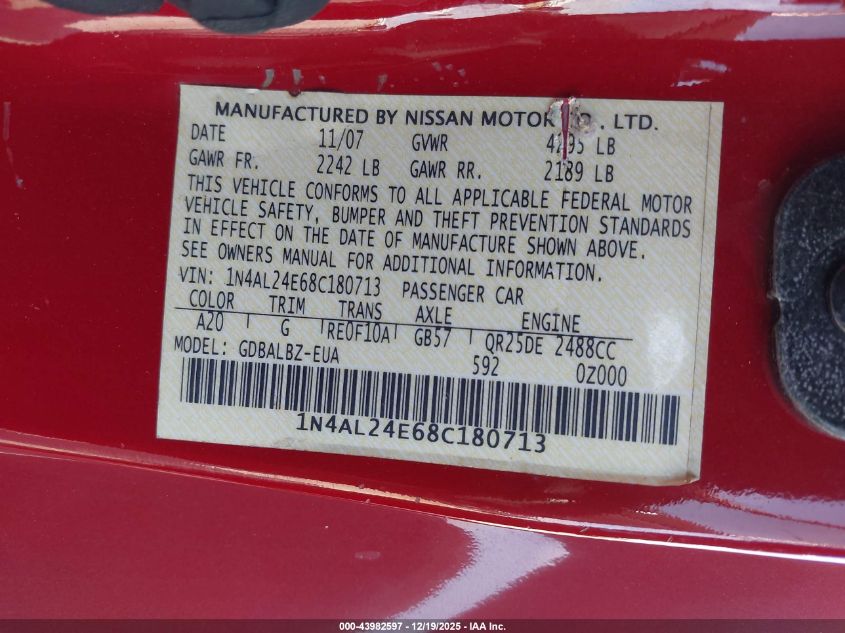 2008 Nissan Altima 2.5 S VIN: 1N4AL24E68C180713 Lot: 43982597