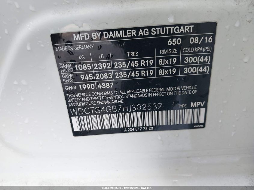 2017 Mercedes-Benz Gla 250 4Matic VIN: WDCTG4GB7HJ302537 Lot: 43982599