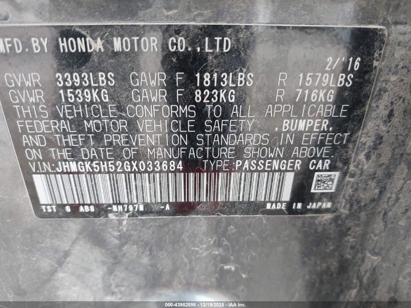 2016 Honda Fit Lx VIN: JHMGK5H52GX033684 Lot: 43982598