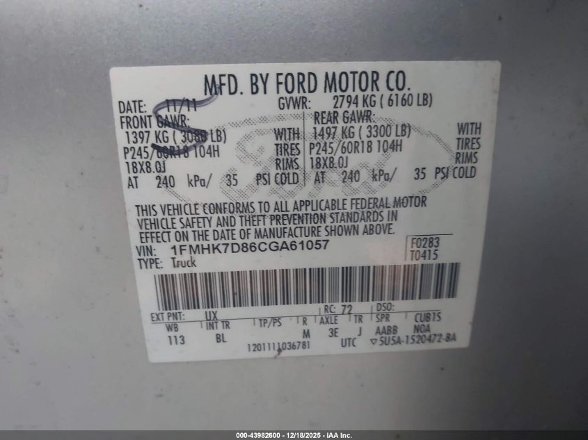 2012 Ford Explorer Xlt VIN: 1FMHK7D86CGA61057 Lot: 43982600