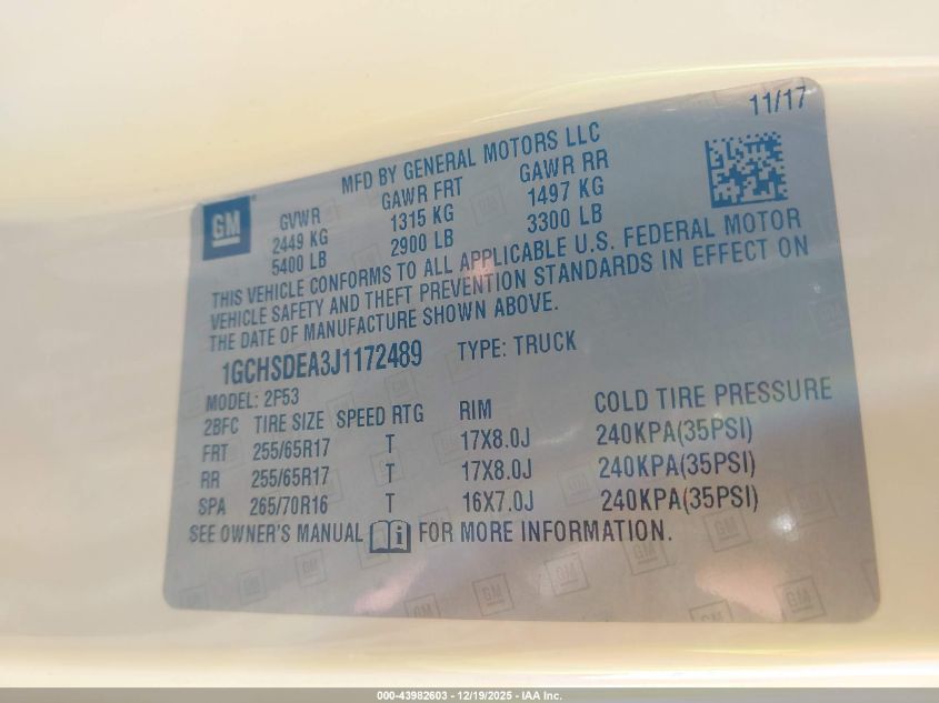 2018 Chevrolet Colorado Z71 VIN: 1GCHSDEA3J1172489 Lot: 43982603