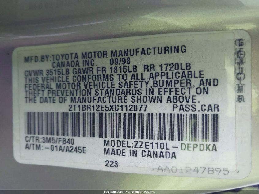 1999 Toyota Corolla Ve/Ce/Le VIN: 2T1BR12E5XC112077 Lot: 43982608