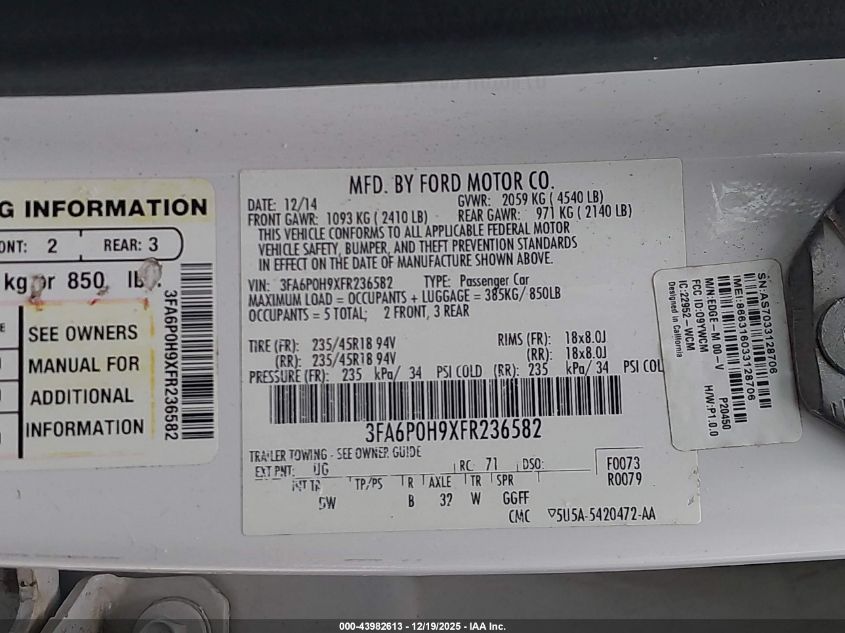 2015 Ford Fusion Se VIN: 3FA6P0H9XFR236582 Lot: 43982613