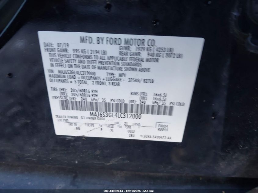 2020 Ford Ecosport Se VIN: MAJ6S3GL4LC312000 Lot: 43982614