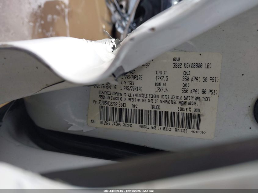 2007 Dodge Ram 2500 St VIN: 3D7KR28D27G813143 Lot: 43982616