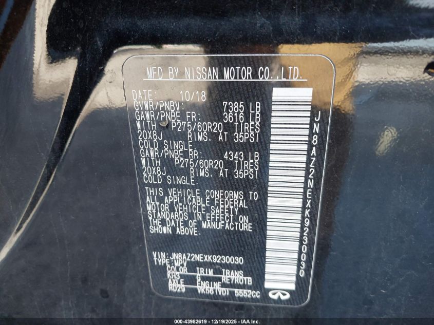 2019 Infiniti Qx80 Luxe VIN: JN8AZ2NEXK9230030 Lot: 43982619