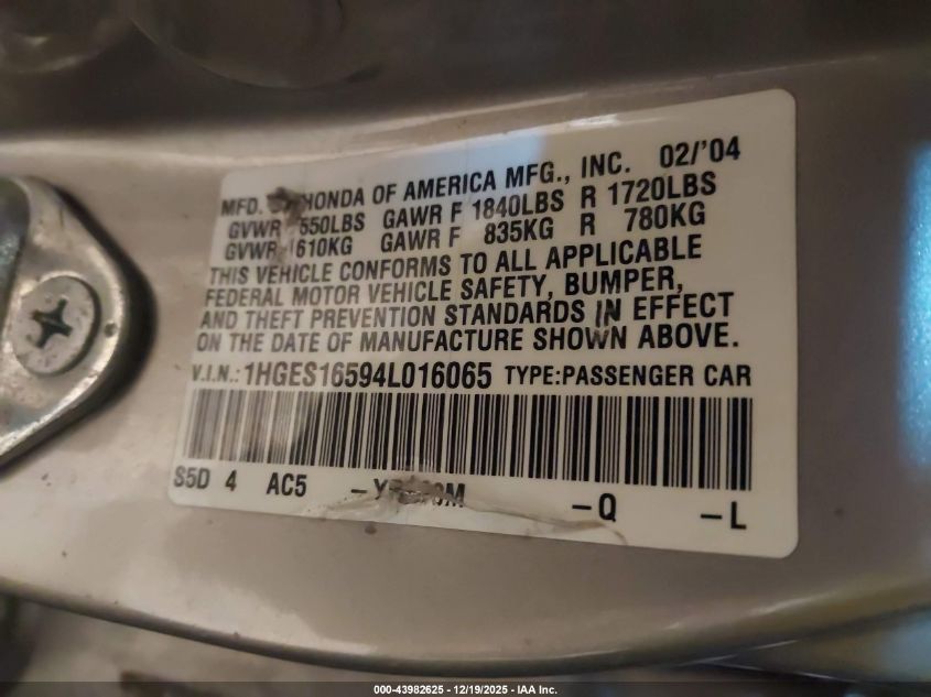 2004 Honda Civic Lx VIN: 1HGES16594L016065 Lot: 43982625