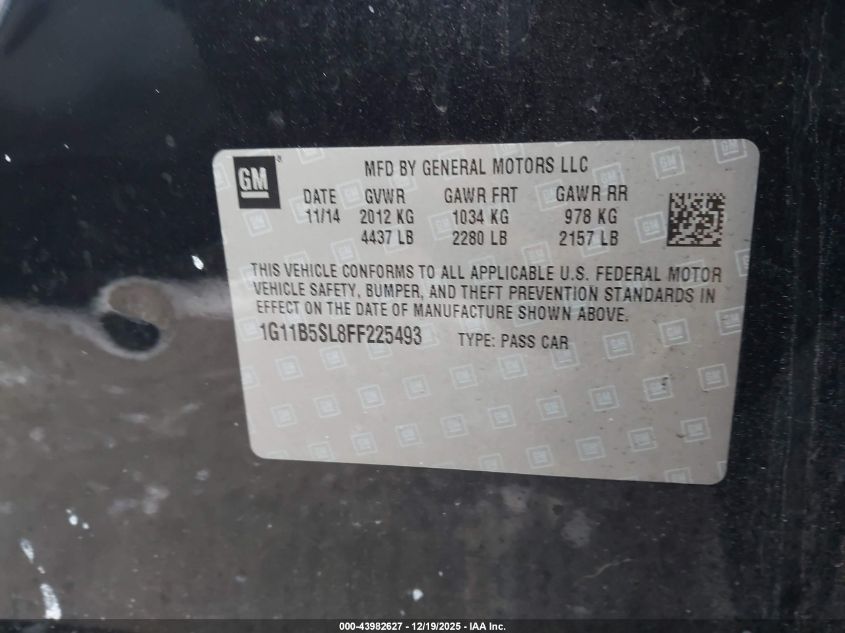 2015 Chevrolet Malibu Ls VIN: 1G11B5SL8FF225493 Lot: 43982627