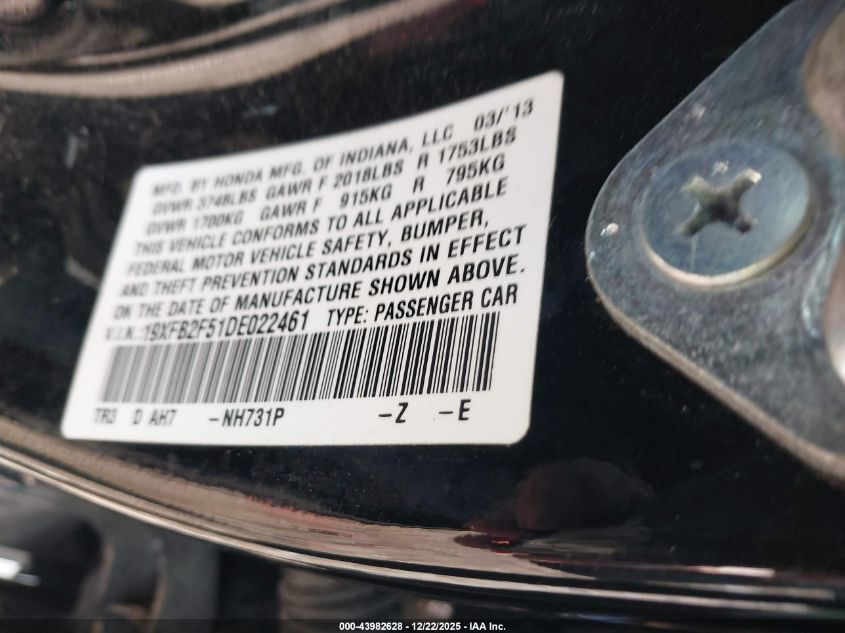 2013 Honda Civic Lx VIN: 19XFB2F51DE022461 Lot: 43982628