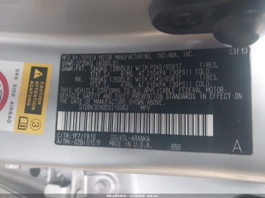 2013 Toyota Highlander Base V6 VIN: 5TDBK3EH0DS219062 Lot: 43982630