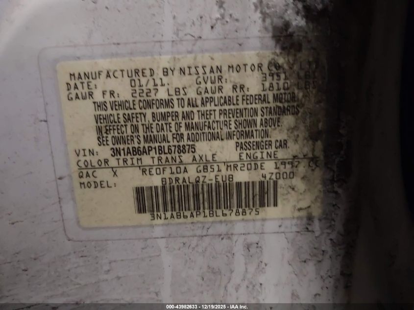 2011 Nissan Sentra 2.0 VIN: 3N1AB6AP1BL678875 Lot: 43982633