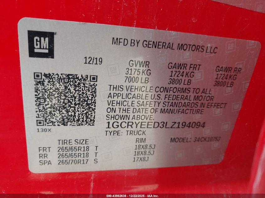 2020 Chevrolet Silverado 1500 VIN: 1GCRYEED3LZ194094 Lot: 43982636