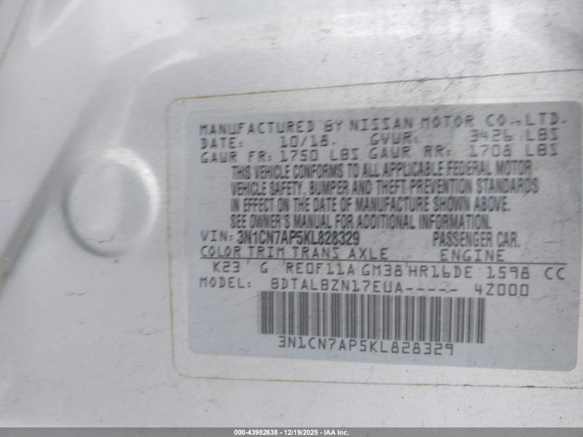 2019 Nissan Versa 1.6 Sv VIN: 3N1CN7AP5KL828329 Lot: 43982638