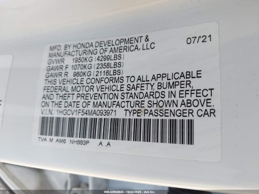 2021 Honda Accord Ex-L VIN: 1HGCV1F54MA093971 Lot: 43982643