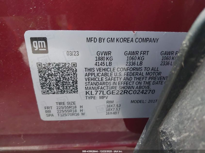 2024 Chevrolet Trax Fwd 1Rs VIN: KL77LGE22RC024270 Lot: 43982644