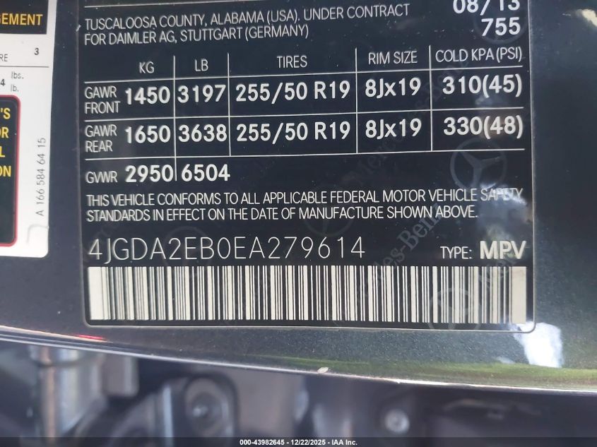 2014 Mercedes-Benz Ml 350 Bluetec 4Matic VIN: 4JGDA2EB0EA279614 Lot: 43982645