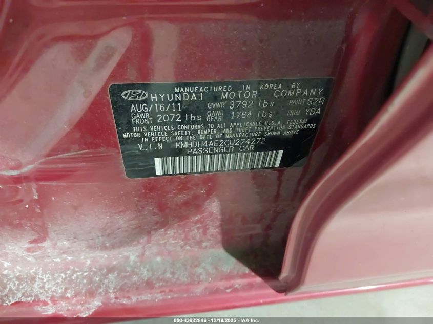 2012 Hyundai Elantra Gls (Ulsan Plant) VIN: KMHDH4AE2CU274272 Lot: 43982646