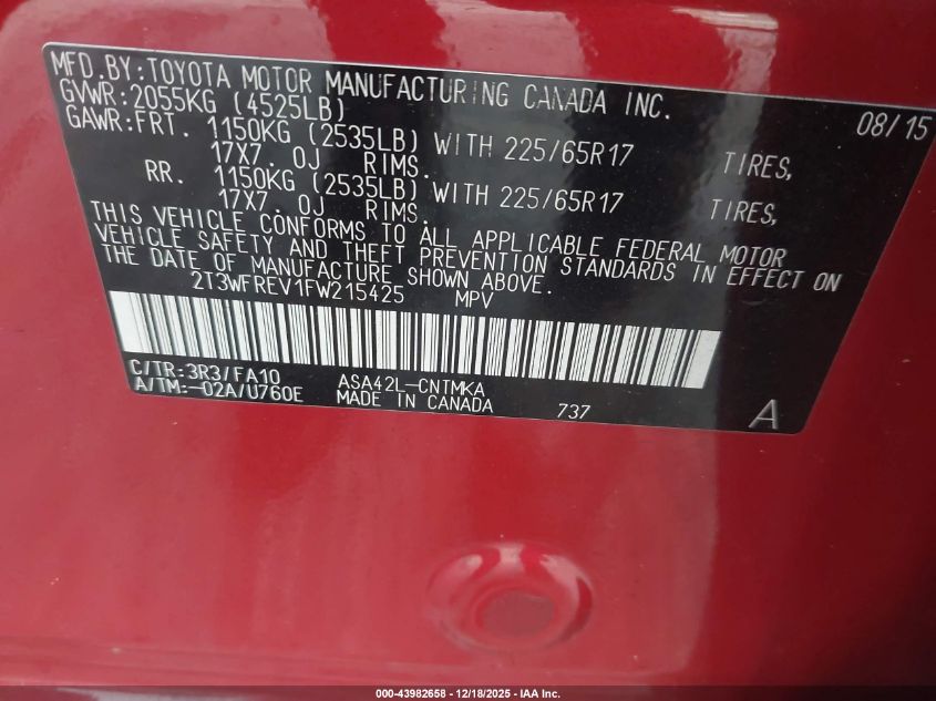 2015 Toyota Rav4 Xle VIN: 2T3WFREV1FW215425 Lot: 43982658