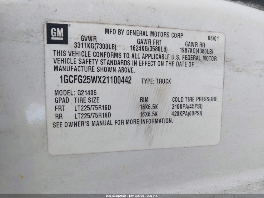 2002 Chevrolet Express VIN: 1GCFG25WX21100442 Lot: 43982662