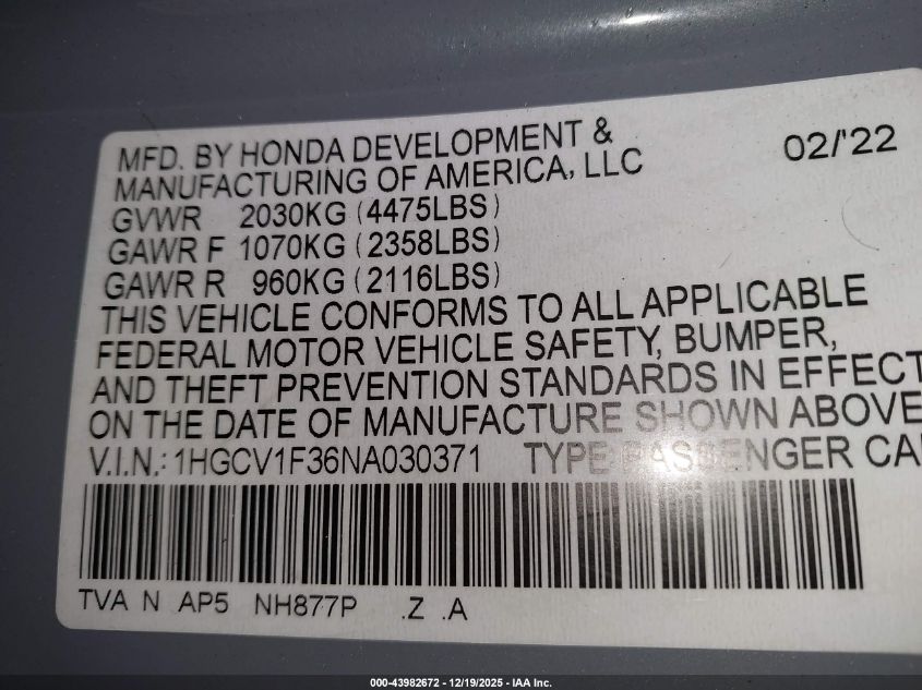 2022 Honda Accord Sport VIN: 1HGCV1F36NA030371 Lot: 43982672