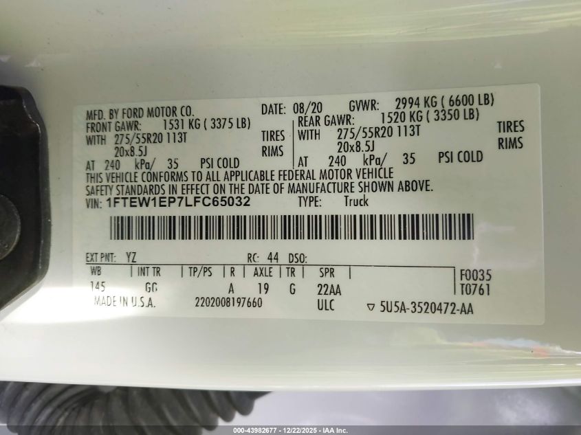 2020 Ford F-150 Xl VIN: 1FTEW1EP7LFC65032 Lot: 43982677