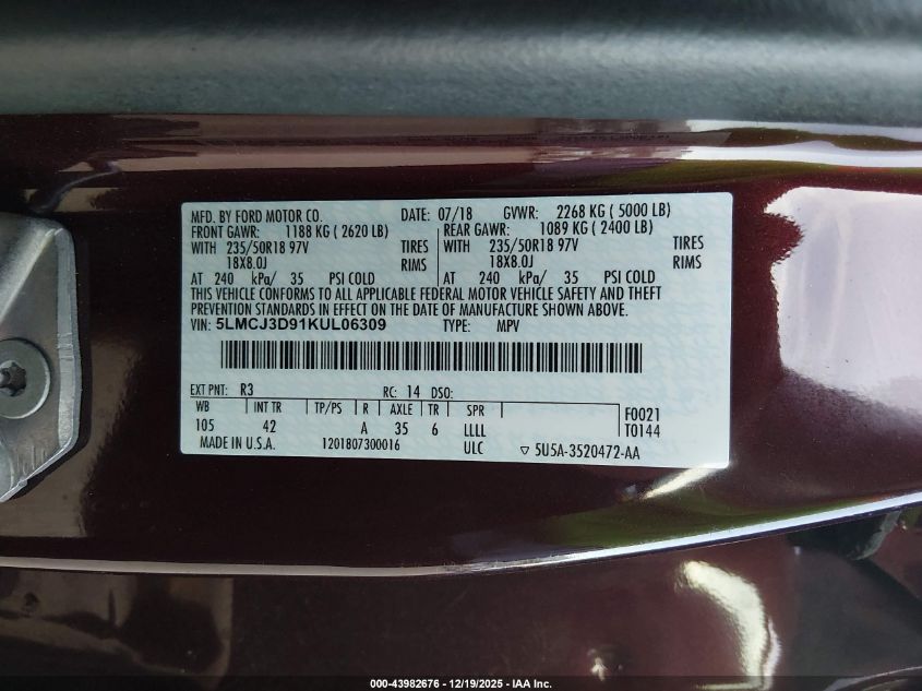 2019 Lincoln Mkc Reserve VIN: 5LMCJ3D91KUL06309 Lot: 43982676