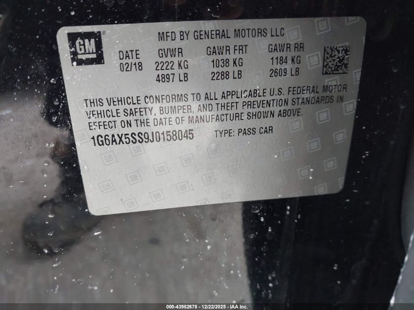 2018 Cadillac Cts Luxury VIN: 1G6AX5SS9J0158045 Lot: 43982678
