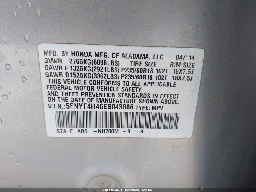 2014 Honda Pilot Ex VIN: 5FNYF4H46EB043086 Lot: 43982680