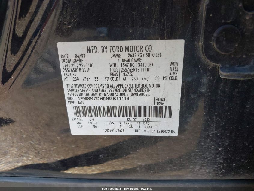 2022 Ford Explorer Xlt VIN: 1FMSK7DH0NGB11119 Lot: 43982684