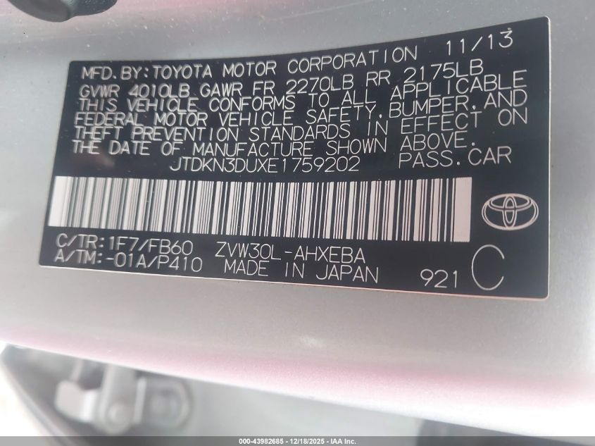 2014 Toyota Prius Two VIN: JTDKN3DUXE1759202 Lot: 43982685