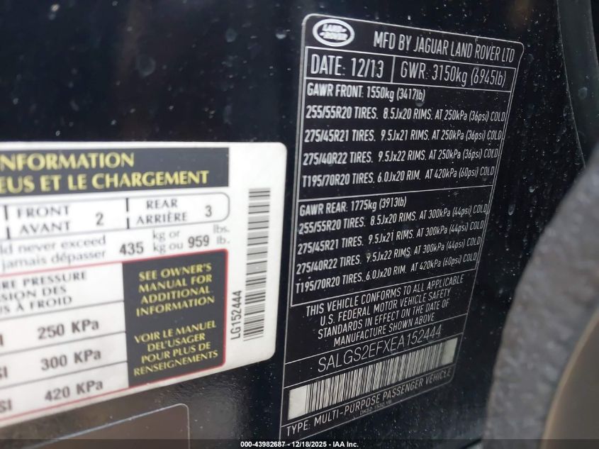 2014 Land Rover Range Rover 5.0L V8 Supercharged/5.0L V8 Supercharged Ebony Edition VIN: SALGS2EFXEA152444 Lot: 43982687