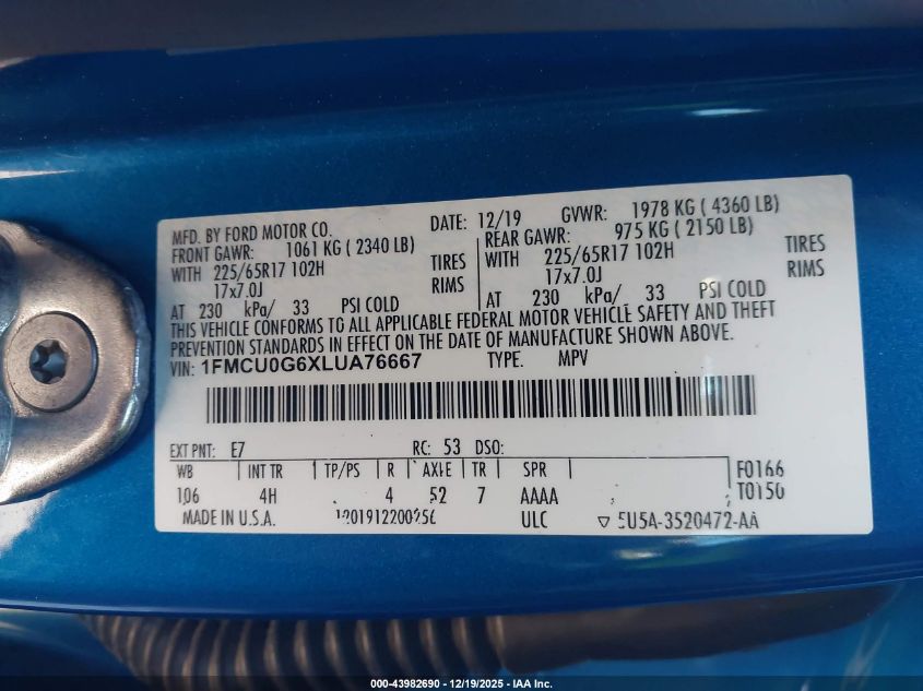 2020 Ford Escape Se VIN: 1FMCU0G6XLUA76667 Lot: 43982690