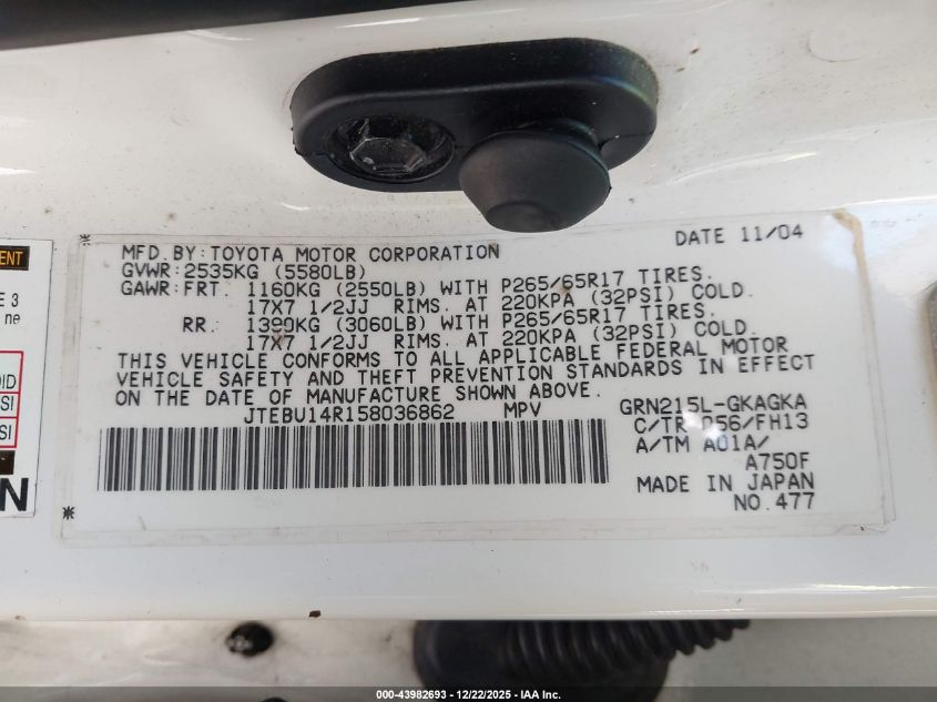 2005 Toyota 4Runner Sr5 Sport V6 VIN: JTEBU14R158036862 Lot: 43982693