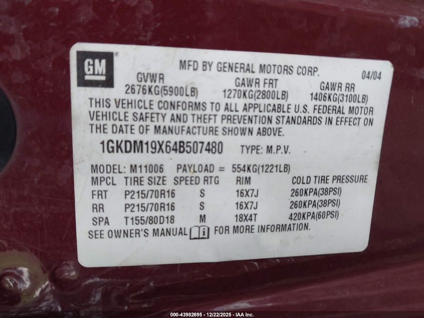 2004 GMC Safari VIN: 1GKDM19X64B507480 Lot: 43982695