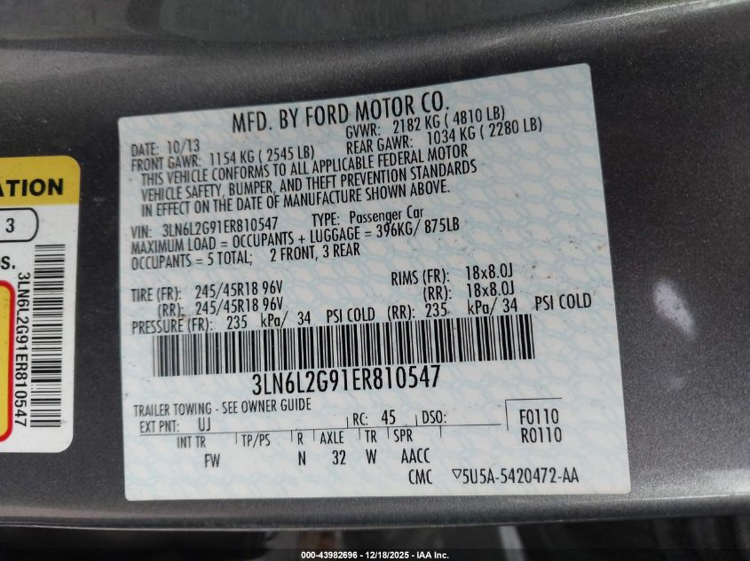 2014 Lincoln Mkz VIN: 3LN6L2G91ER810547 Lot: 43982696