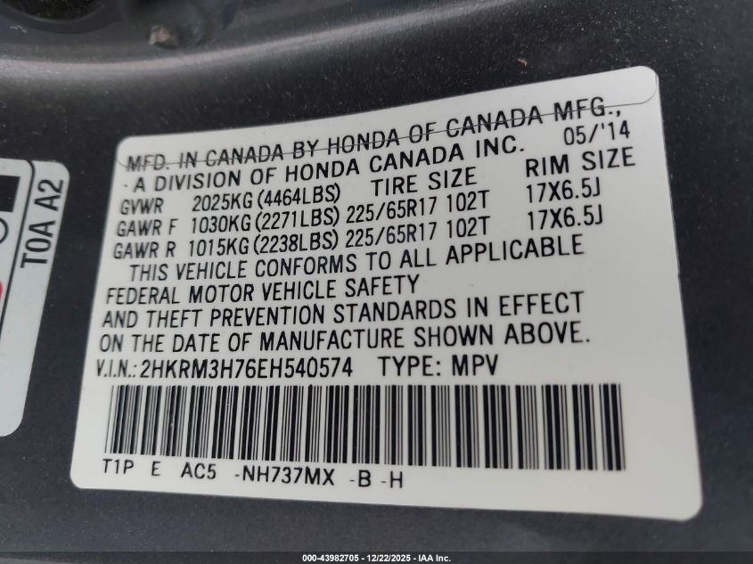 2014 Honda Cr-V Ex-L VIN: 2HKRM3H76EH540574 Lot: 43982705