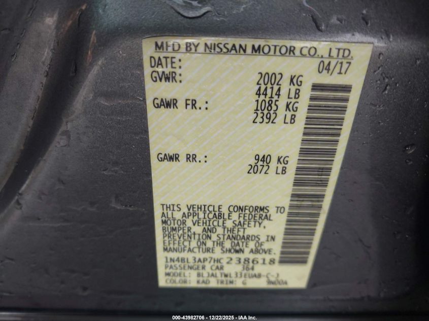 2017 Nissan Altima 3.5 Sl VIN: 1N4BL3AP7HC238618 Lot: 43982706