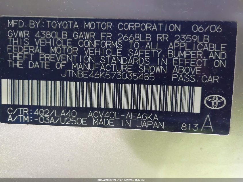 2007 Toyota Camry Xle VIN: JTNBE46K573035485 Lot: 43982709