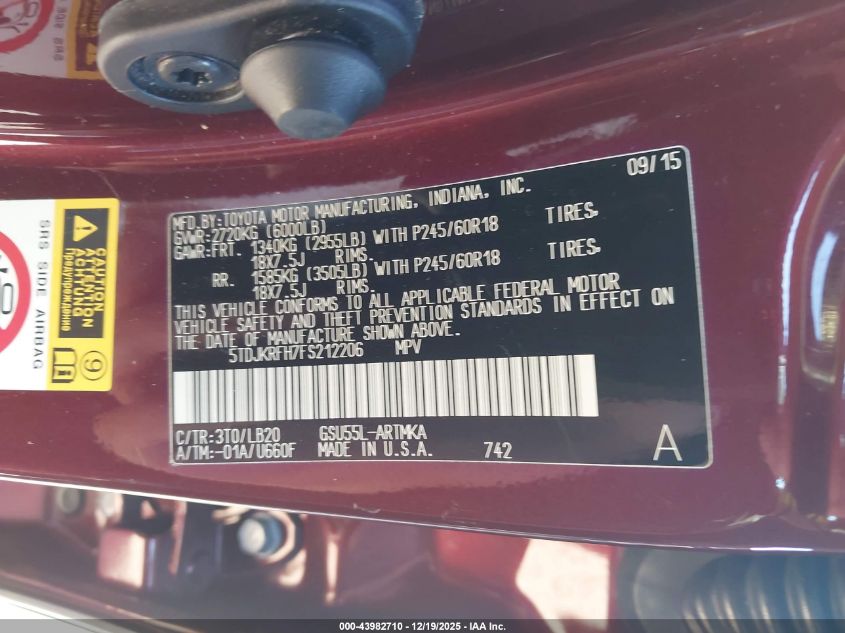 2015 Toyota Highlander Xle V6 VIN: 5TDJKRFH7FS212206 Lot: 43982710