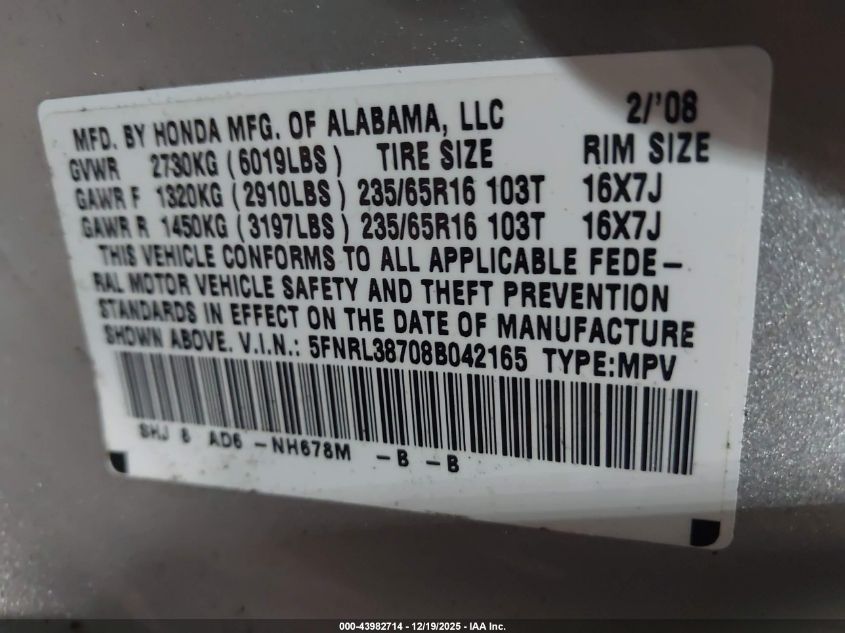 2008 Honda Odyssey Ex-L VIN: 5FNRL38708B042165 Lot: 43982714