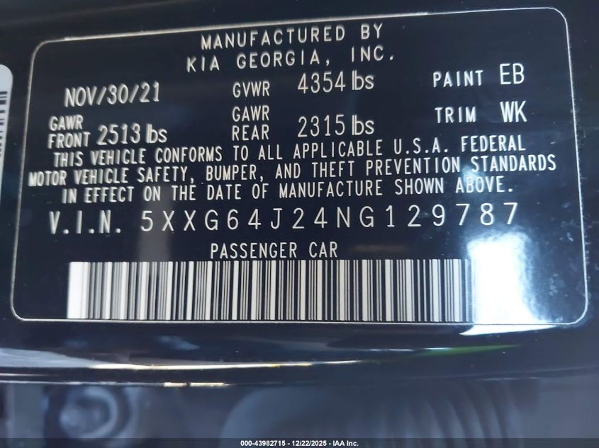 2022 Kia K5 Gt-Line VIN: 5XXG64J24NG129787 Lot: 43982715