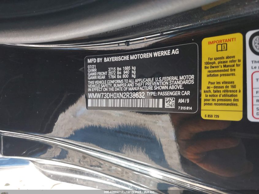 2022 Mini Hardtop John Cooper Works VIN: WMW73DH0XN2R38632 Lot: 43982717