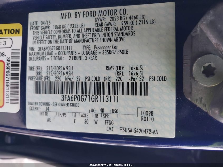 2016 Ford Fusion S VIN: 3FA6P0G71GR113111 Lot: 43982720