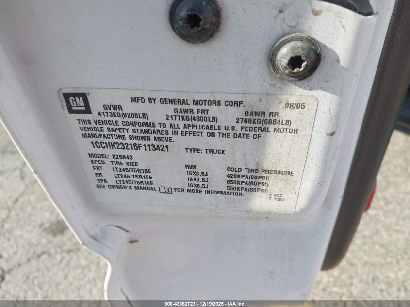 2006 Chevrolet Silverado 2500Hd Lt3 VIN: 1GCHK23216F113421 Lot: 43982723